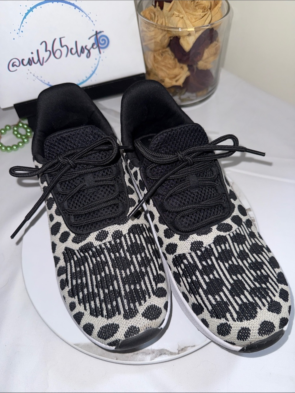 Athletic Works Black & White Leopard Knit Athletic Sneakers